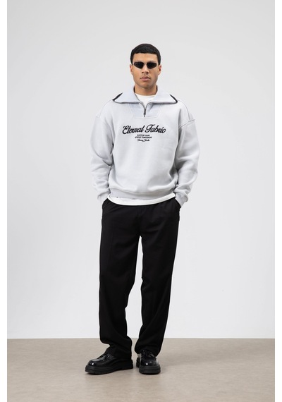 Vamos Oversize Fermuarlı Yaka Sweatshirt Açık Gri