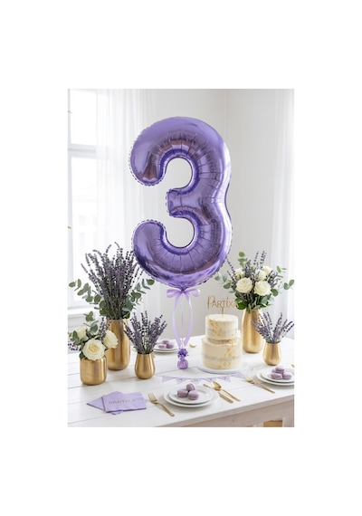 32 İnç Mor Rakam 3 Folyo Balon Çok Renkli