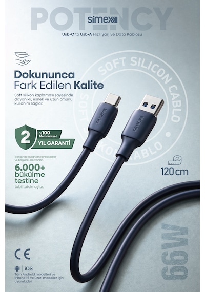 Simex 66w Hızlı Şarj Usb/type-c Kablo Samsung, Huawei, Honor, Uyumlu - Soft Silikon, Dayanıklı 1.2m Spk-14