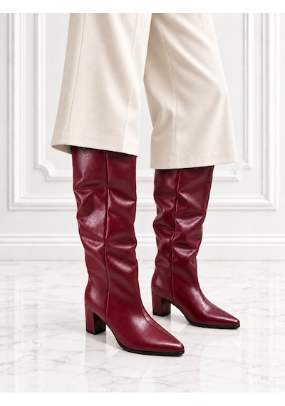 Dabab Shoes Mıressa Kadın Bordo Kırışık Yarı Rugan Cilt Sivri Burun Geniş Baldır 6 Cm Kalın Topuklu Uzun Çizme Dabab Shoes Mıressa Kadın Bordo Kırışık Yarı Rugan Cilt Sivri Burun Geniş Baldır 6 Cm Kalın Topuklu Uzun Çizme