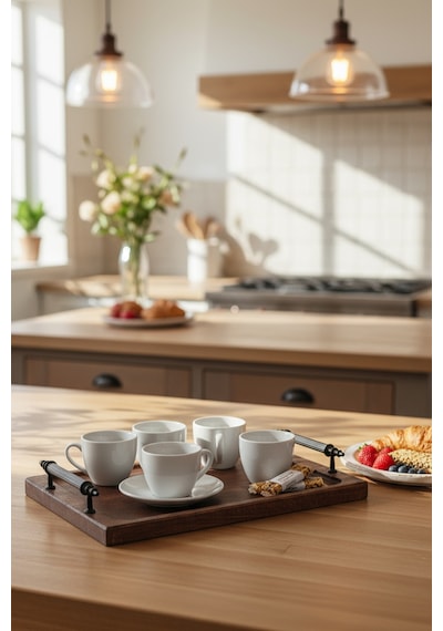 Tray - Metal Kulplu Ahşap Tepsi Sunum Tepsisi Kahve Servis Tepsisi SNPTRAY