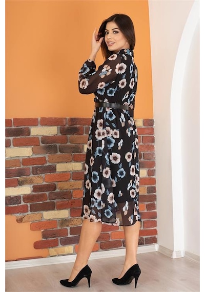 Dip Moda Kadın Gömlek Yaka Kemerli Çiçekli Şifon Elbise Dpry0031 Mint Yeşili