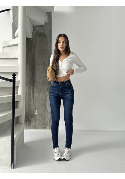 Kadın Bıyık İşlemli Kot Dar Paça Jeans Lacivert