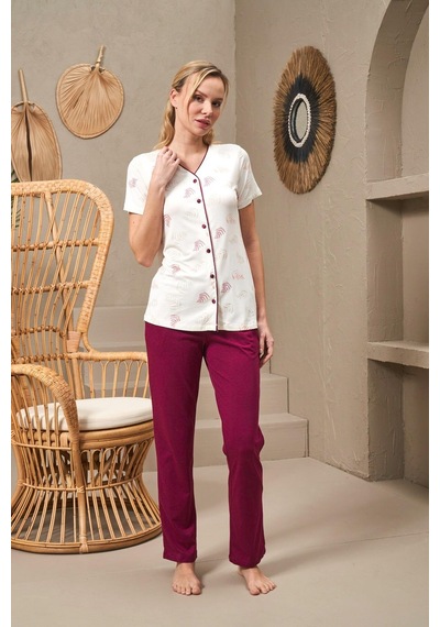 Pjs 25144 Kadın V Yaka Düğmeli Baskılı Kısa Kollu Pijama Takım 001
