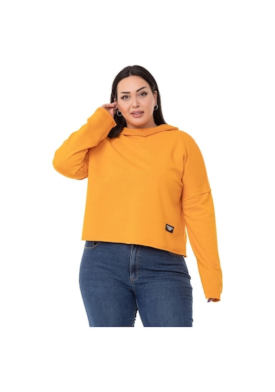 Büyük Beden Kapüşonlu Düşük Kollu Pis Dikişli Üç İplik Hardal Sweatshirt-hardal Hardal