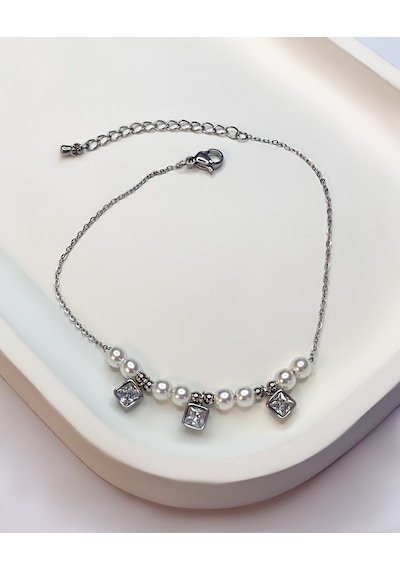 Kadın İnci Detay Kare Taşlı Çelik Halhal Silver