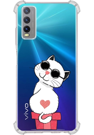 Vivo Y20 Uyumlu Köşe Korumalı Coolcat Tasarımlı Şeffaf Airbag Silikon Kılıf Şeffaf