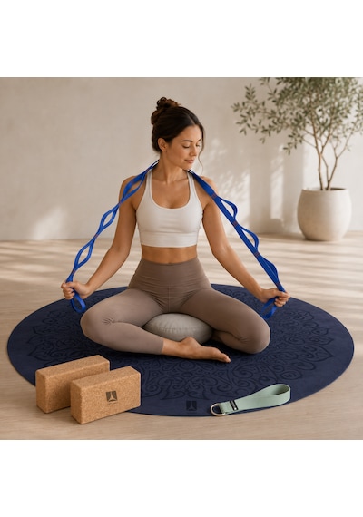 Meditasyon Ve Yoga Destek Seti - Oval Mat + Kadife Minder + Yoga Kemeri + Cork Blok 2li + Kademeli Germe Kayış Mor