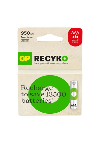 Batteries Recyko 950mah Aaa İnce Kalem Ni-mh Şarjlı Pil, 1.2 Volt, 6'lı Kart