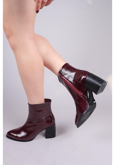 Scarlet Kroko Topuklu Bot Bordo-8357 Bordo