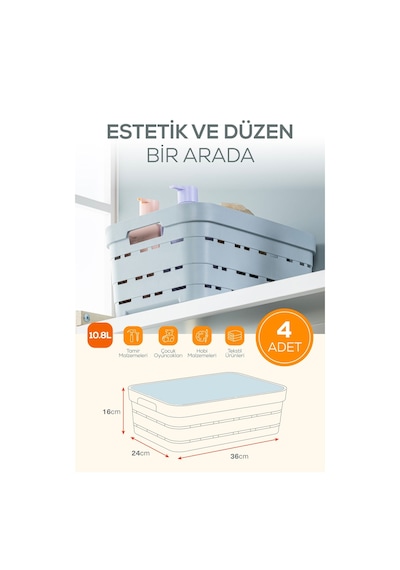 Vienev 4'lü Kapaklı 10,8 Litre Delikli Saklama Kutusu Beyaz Beyaz