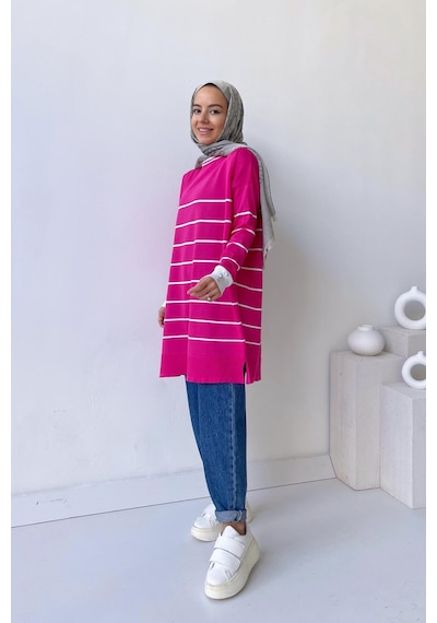 Kahijab Bisiklet Yaka Çizgili Merserize Tunik - Fuşya