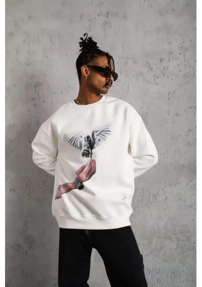 Yake Store Erkek Güvercin Baskılı Sweatshirt - Beyaz - Beyaz