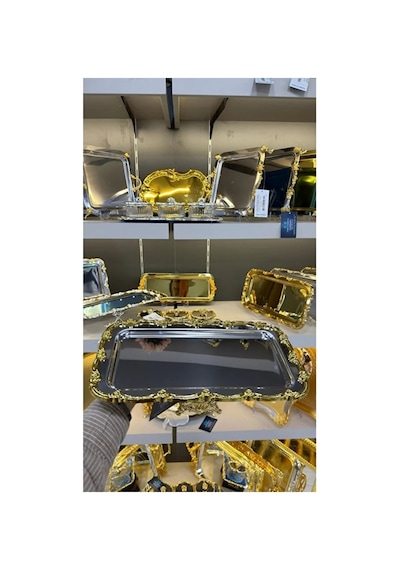 6 Adet Tek Kişilik Gold Döküm Gül Motif Detaylı Ayaklı Kahve Çay Söz Sunum Tepsisi 6 Adet Altın