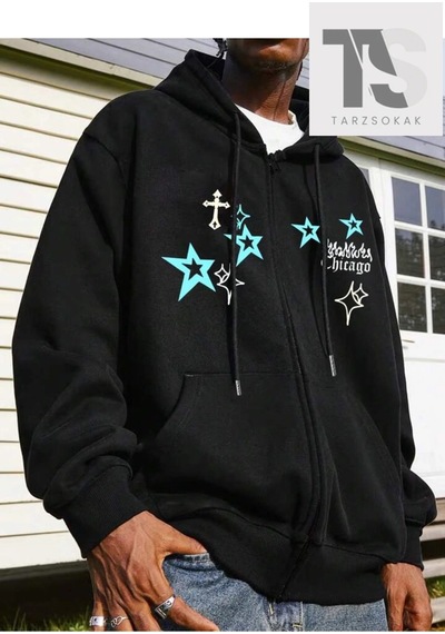 Tarzsokak Chicago Star Sembol Sweatshirt Fermuarlı Hırka Siyah Siyah
