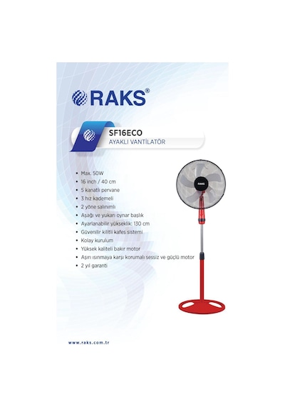 Raks Sf 16 Eco Kırmızı Salınım Özellikli Ayaklı Vantilatör 50w