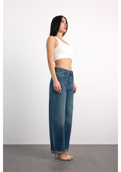 24350-73607 Kadın Baggy Fold Up Mıd Rıse Regular Denim Pantolon 24350-73607 Mavi - Siyah