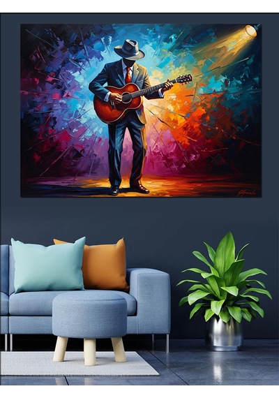 Sahne Işıkları Altında Gitarist Portresi Dekoratif Kanvas - Mdf Ahşap Tablo