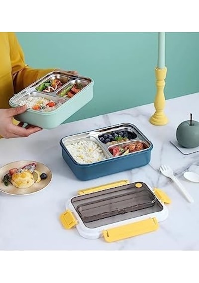 1000ml Lunchbox Tek Katlı 3 Bölmeli Çelik Sefer Tası Yemek Kutusu Koyu Yeşil Bakır