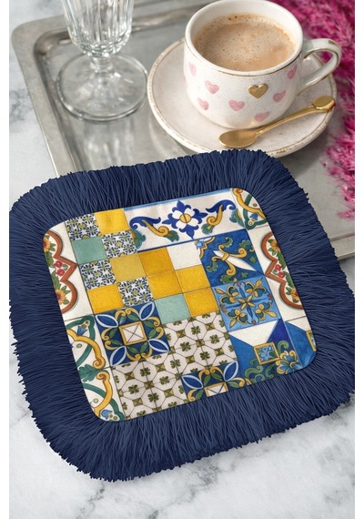 Akdeniz Patchwork Püsküllü Sunum Peçetesi - İtalyan Mozaik Bohem Lacivert Bardak Altlığı Mendil Çok Renkli