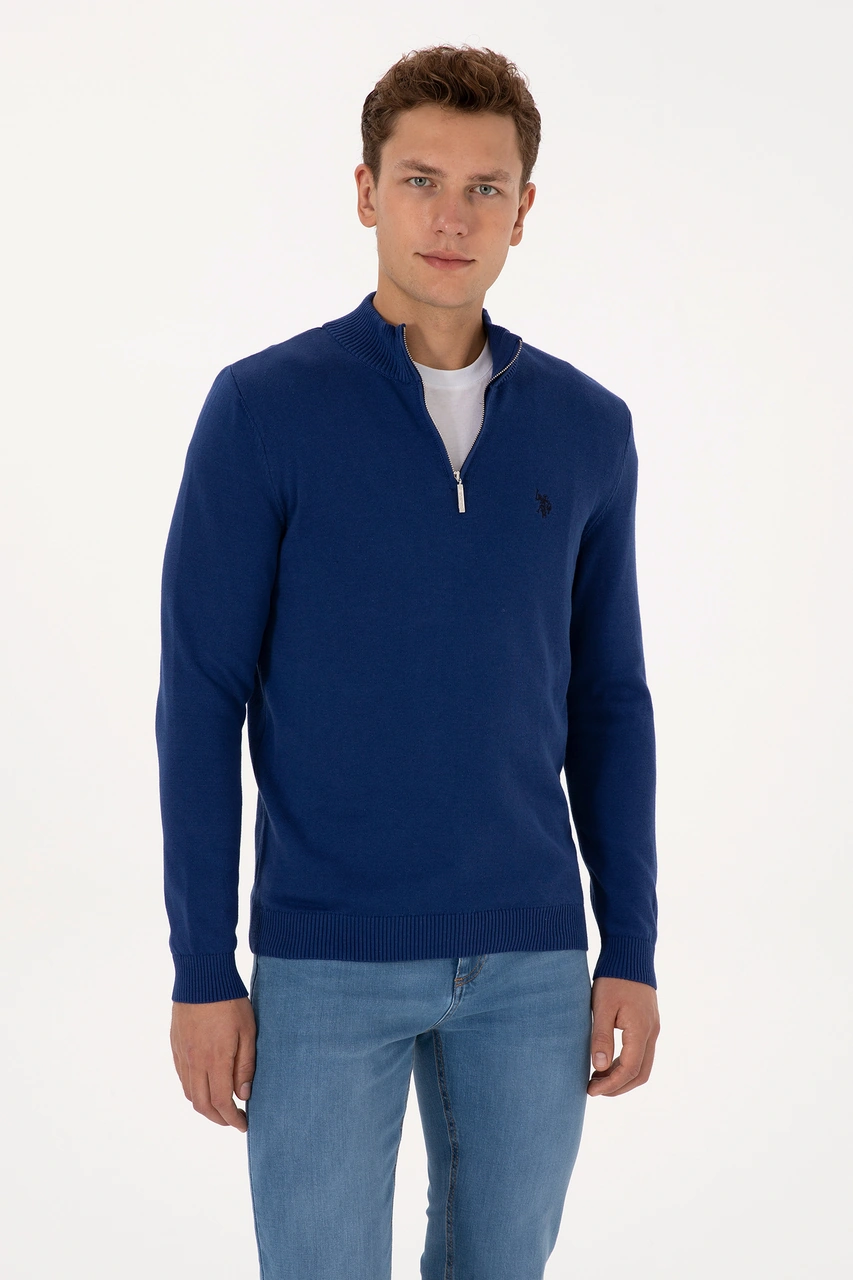 U.S. Polo Assn. Erkek Slim Fit Yarım Fermuarlı İndigo Basic Kazak 50313695-VR028