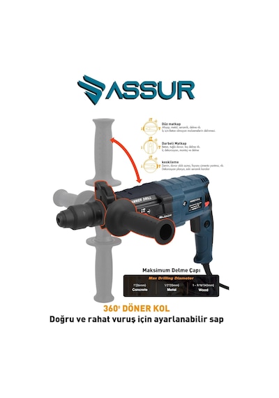 Assur Profesyonel Metal Şanzıman Kırıcı Delici Hilti Darbeli Matkap 2 - 28MM - 1802