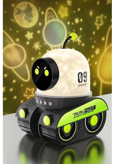Vtn-76 Robot Projeksiyon Gece Lambası Hoparlörlü Şarjlı Led Projeksiyon Lambası Siyah