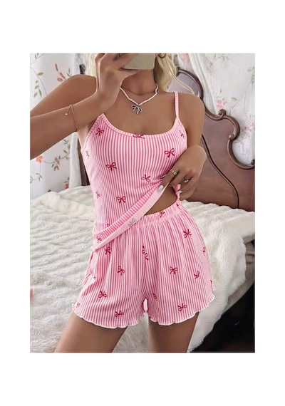 Motto10 Butik Kadın Pembe İnce Askılı Şortlu Pijama Takımı 5271