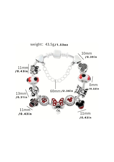 Yeni Tarz ,disney Mickey Minnie Mouse Temalı , Sevgi Charmlı Bileklik, Ahşap Kutu İçerisinde Gümüş Gümüş