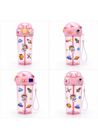 Heydiye Mâbeyn İkili Suluk 550 Ml Tritan Bpa-bps Free Matara, Çift Hazneli, Çift İçim Kapaklı, Bilek Ve Boyun Askılı, Sticker & 3d Figür Hediyeli Açık Pembe