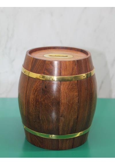 9063904776007lmr - Larimar Pirinç Ahşap Fıçı Kumbara