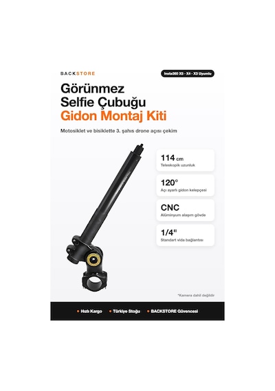 Insta360 X5 X4 X3 Uyumlu Görünmez Selfie Çubuğu Gidon Montaj Kiti 114 Cm Motosiklet Bisiklet Siyah