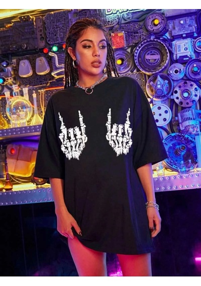 Modi Baskılı Oversize T-shirt - Siyah - Mymg146044