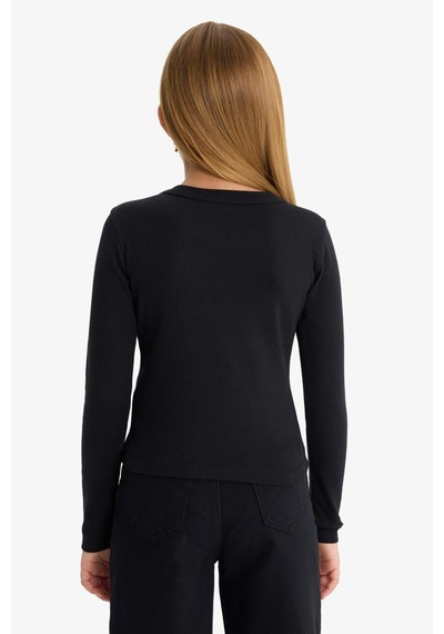 Defacto Kız Çocuk Slim Fit Dar Kesim Bisiklet Yaka Baskılı Fitilli Kaşkorse Uzun Kollu Tişört C7465a825aubk81 Siyah