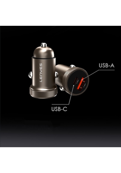 Lenyes Ca57 Hızlı Şarj Özellikli Dual Type-c + Usb-a Portlu Mini Araç Şarj Aleti 30w Kahverengi