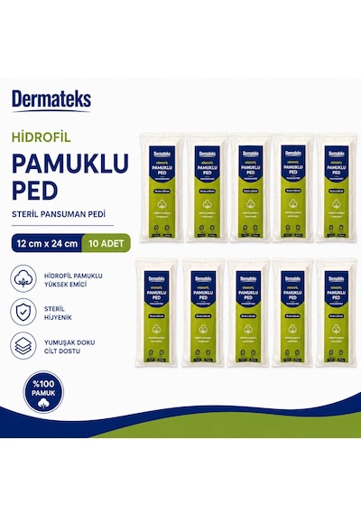 Dermateks Hidrofil Pamuklu Ped 12 24cm Steril Pansuman Pedi 10 Adet