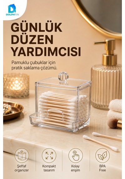 Şeffaf Kapaklı Kulak Çubuğu Ve Pamukluk Banyo Makyaj Organizer Kutusu
