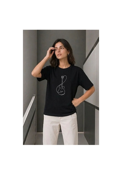 Butik İstanbul Minimal Gitar Baskılı Tişört T-shirt Yazlık Kısa Kol Bisiklet Yaka T-shirt - Siyah