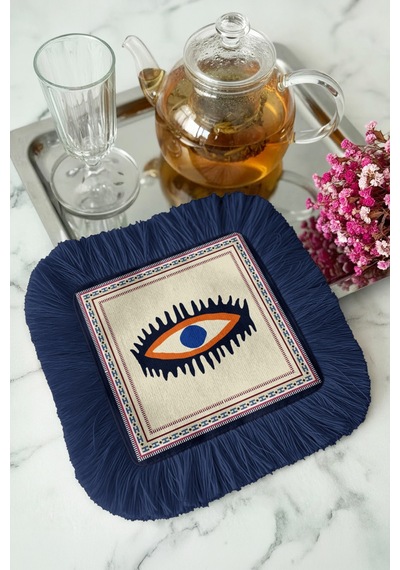 Modern Nazar Göz Motifli Saçaklı Sunum Peçetesi - Etnik Stil Lacivert Krem Kahve Yanı Sunum Mendili Çok Renkli