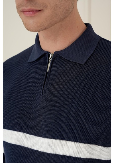 Efor Slim Fit Çizgili Fermuarlı Polo Yaka Lacivert Triko Kazak Tr 877 Lacivert