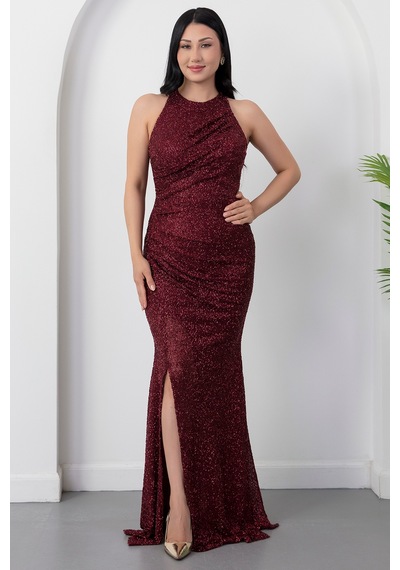 Kalopya Halter Yaka Yırtmaçlı Boncuklu Elbise 41099 Bordo