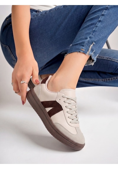 Kadın Sneaker Yüksek Taban Ortopedik Bağcıklı Spor Ayakkabı Retro Bej-011