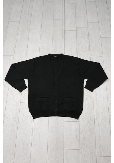 Woolen World Ön Cepli V Yaka Battal Büyük Boy Düğmeli Yünlü Triko Hırka Siyah