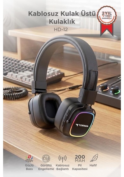 Özel Üretim Bluetooth Kulaklık Rgb Işıklı Hd12 Siyah Estetik Müzik Yumuşak