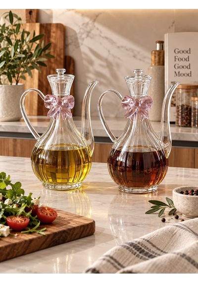Qerhome Pembe Fiyonk Tasarımlı Borosilikat Cam Glorry Yağlık Veya Sirkelik 750 Ml+750 Ml Çizgili Tasarım Şeffaf
