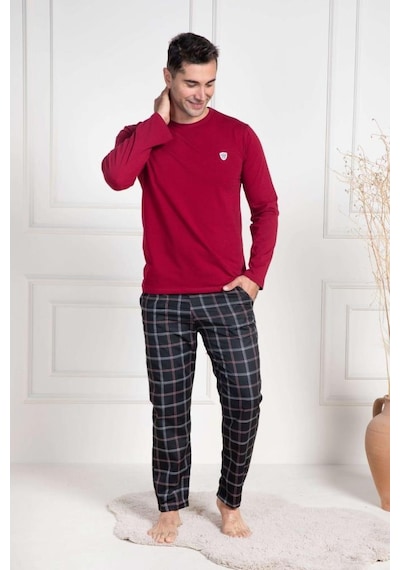 Mecit Pijama Mecit 3050 Erkek Bordo Ekoseli Büyük Beden Pijama Takımı Bordo