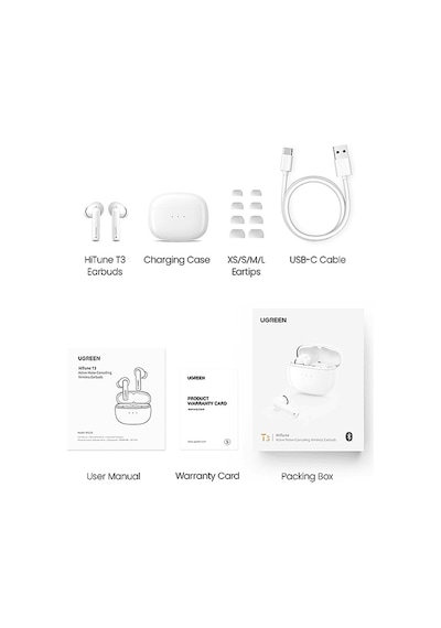 Ugreen Hitune T3 Aktif Gürültü Engelleyici Kablosuz Kulak İçi Kulaklık Beyaz 90206