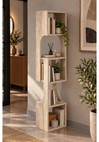 Sulorahome 5 Katlı Modern Dekoratif Ahşap Kitaplık Ve Raf Ünitesi Mermer