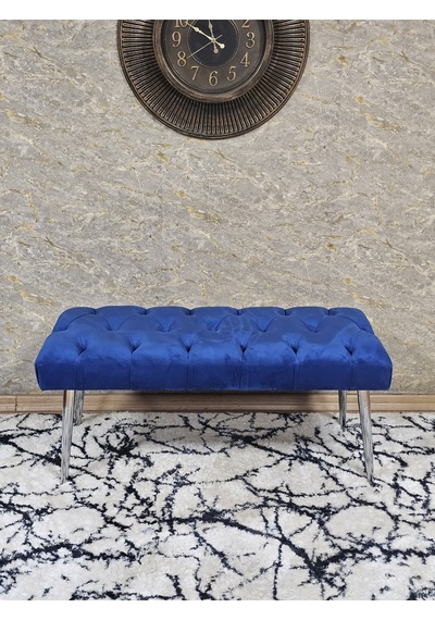 Zafir Krom Kaplama Sivriltme Ayaklı 90 Cm Puf Bench - Puf - Bench - Kasalı Oturak - Oturak - Yatak Ucu Puf Mavi