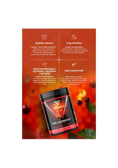 Vitalest Pre Workout 468g. 26 Servis Kiraz